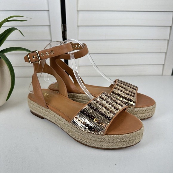 Vince Camuto Kathalia Flatform Sandal Gold Copper Sequin Espadrille Shoe Size 10 - Picture 2 of 9